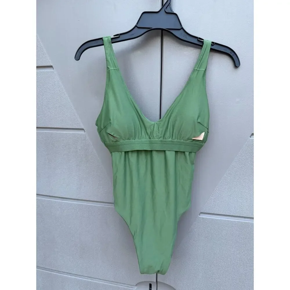 Lululemon Waterside V-Neck Cedar Green One Piece Swimsuit 8 Plunge Resort READ